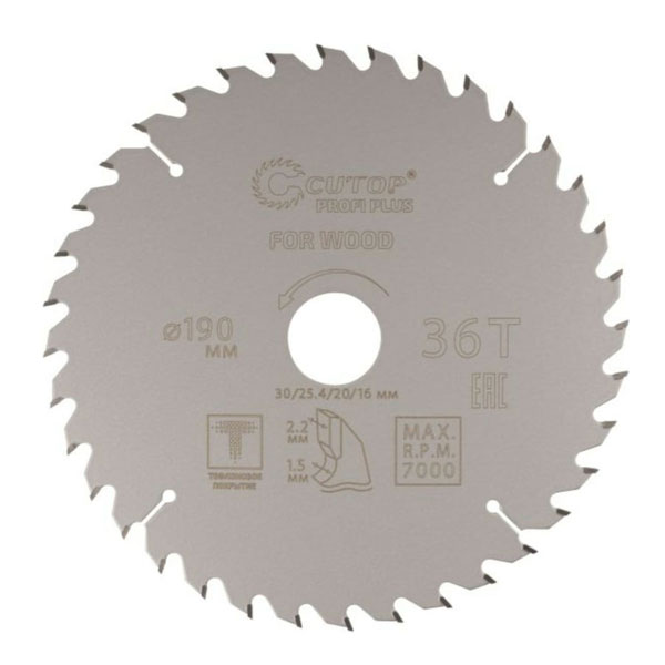 Диск пильный по дереву Cutop Profi plus c тефлоновым покрытием 36Т 190х1.5/2.2 х 30/25.4/20/16 мм